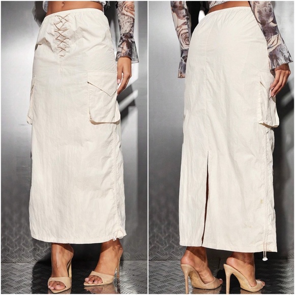 Solid Lace up Detail Pockets Minimalist Maxi Skirt - Picture 2 of 2